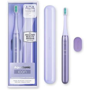 Aquasonic Icon ADA-Accepted Rechargeable Toothbrush | Magnetic Holder & Slim Travel Case | 2 Brushing Modes & Smart Timers | Gentle Micro-Vibrations (Lilac) (1 Count (Pack of 1))