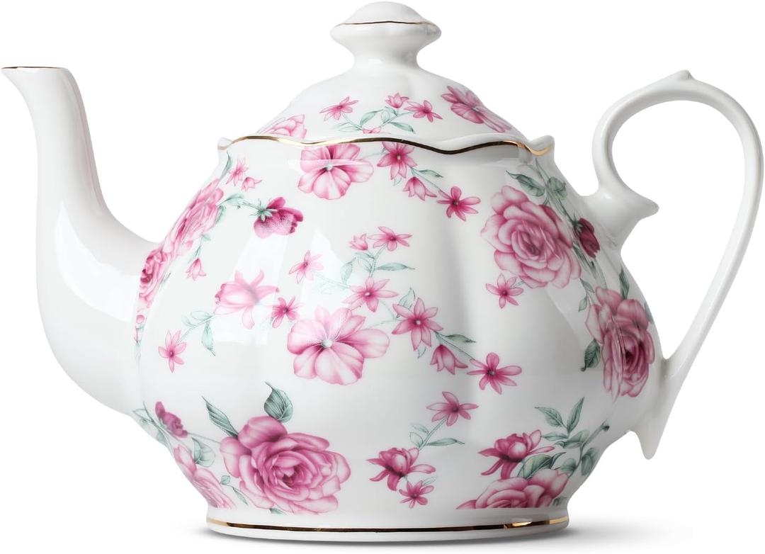 BTaT- Floral Tea Pot with Gift Box, 38 oz, White with Pink Roses & Gold Trim, Porcelain Teapot Ceramic, Dishwasher Safe