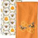 2 Pack Flour Sack Kitchen Towels - 16x26 Inch Cotton Dish Towels with Hanging Loop Reusable Geometric Boho Modern Retro Tea Towel Absorbent Dishcloths Home Decor, Orange Bee