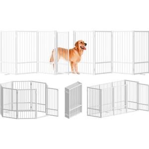 Full Metal Freestanding Dog Gate with Door, 32''Height Foldable Pet Dog Fence for Indoor & Outdoor, 8 Panels Extra Wide Free Standing TallDog Gates for Doorways,House,Stairs,Porch,Deck,Yard (White)