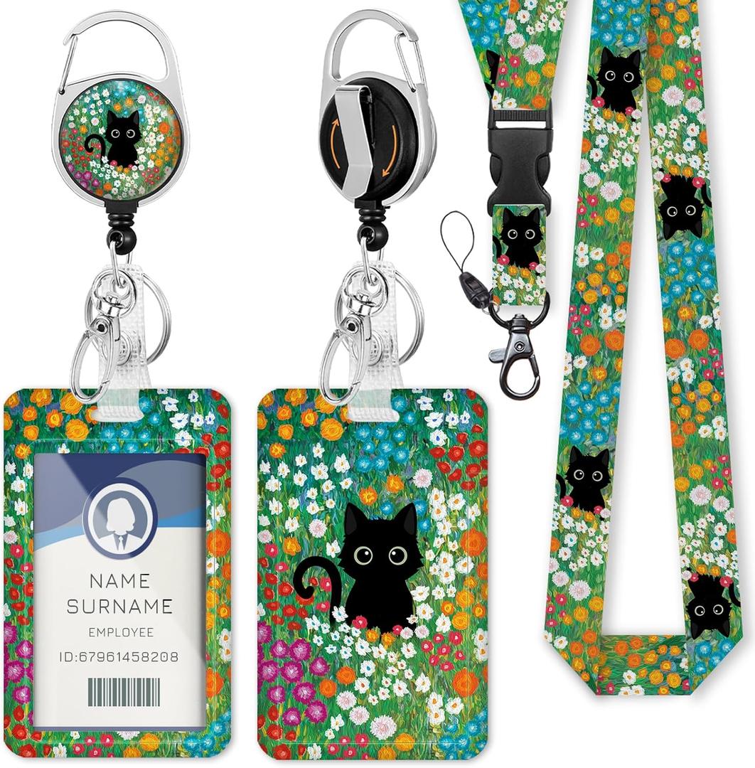 Gctriki Lanyards for Id Badges and Keys, Black Cat Flower Id Badge Holder, Cute Retractable Heavy Duty Badge Reel with 360 Degrees Rotate Carabiner Clip, Teacher Nurse Doctor Women Office Gifts
