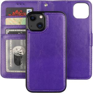 Bocasal Detachable Wallet Case for iPhone 13 RFID Blocking Card Slots Holder Premium PU Leather Magnetic Kickstand Shockproof Wrist Strap Removable Flip Protective Cover 5G 6.1 inch (Purple)