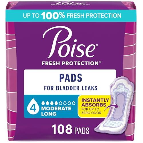 Poise Incontinence & Postpartum Pads for Bladder Leaks, 4 Drop Moderate Absorbency, Long Length, 108 Count