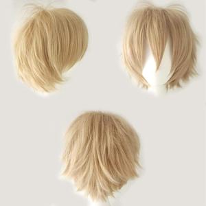 Anime Cosplay Wig - Short Blonde Synthetic Curly Straight Layered Fluffy Halloween Costume Party Wig with Free Cap, Linen Blonde