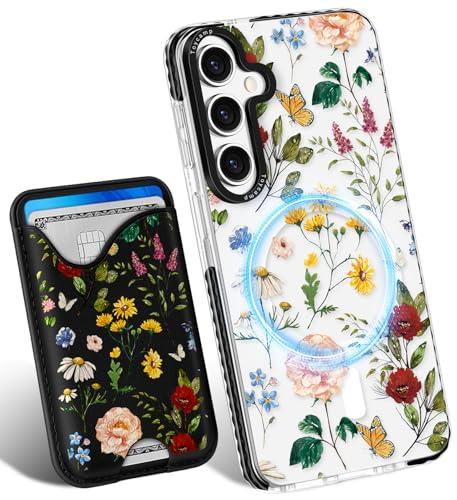 Toycamp for Samsung Galaxy S25 Plus Case - Compatible with Magsafe Credit Card Holder Wallet Magnetic Cute Women Teen Girls Kawaii Girly Unique Flower Floral Design Phone Cover for Samsung S25 Plus 2 PACK