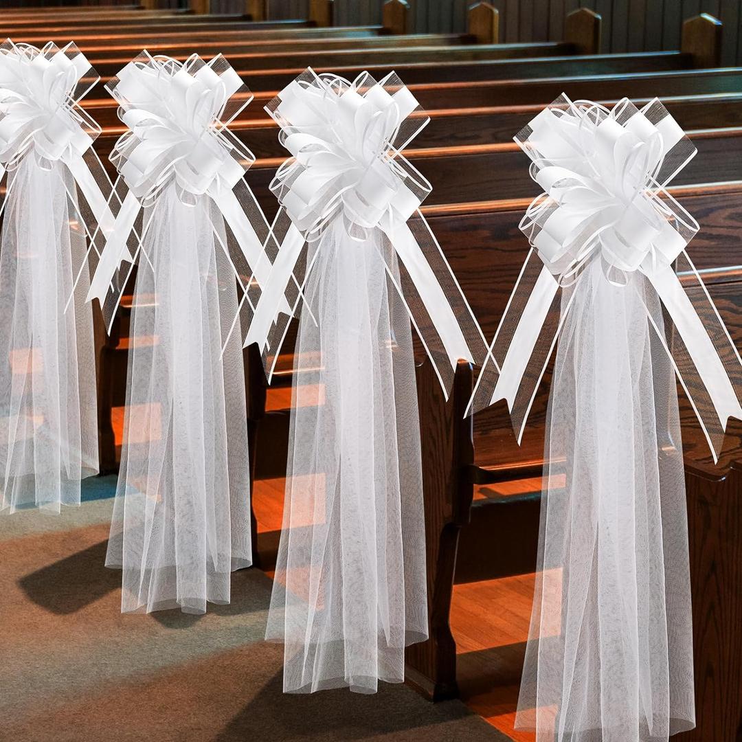 24 Set Large Wedding Pew Bows with Long Tulle Tails Church Chair Aisle Decorations Wedding Car Decoration Big Bows for Bridal Shower Reception Birthday Anniversary (White)