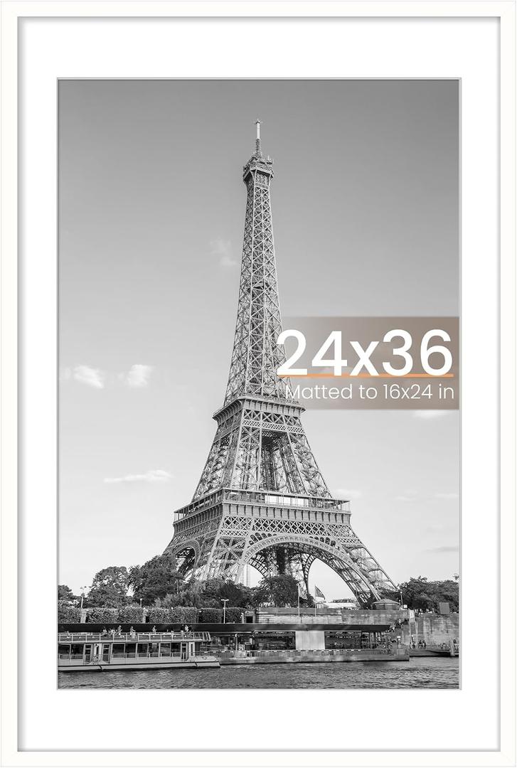 upsimples 24x36 Poster Frame, Display Pictures 20x30 with Mat or 24x36 Without Mat, Wall Hanging Picture Frame, White, 1 Pack