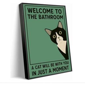 Cute Kitten Vintage Welcome To The Bathroom Canvas Wall Art Funny Quirky Tuxedo Cat Wall decor pictures Simple Green Cat Lovers Prints Painting For Home Bedroom Dorm decoration Framed (Black Metal Framed)