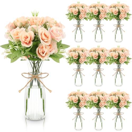 LemonRoad 31 Pcs Faux Flower Centerpieces for Tables Bulk Artificial Flowers with Vase 20 Bundles Silk Roses 10 Clear Vase with 1 Pcs Rope for Arrangement Decoration Wedding Home Party(Pink)