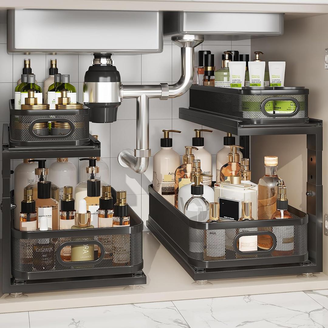 2 Pack 18.5IN-Depth Under Sink Organizer With Next-Gen Ball-Bearing Slides,2-Tier Precision Mesh Pull Out Cabinet Storage for Bathroom & Kitchen, Height Adjustable Drawers Shelf, Anti-rust-Black