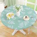 misaya Round Fitted Tablecloth with Elastic Edge, Waterproof Oil Proof Plastic Table Cover, Vinyl Flannel Backed Tablecloth Fits 36"-44" Round Tables for Dinner, Outdoor, Picnic, Light Green Leaves