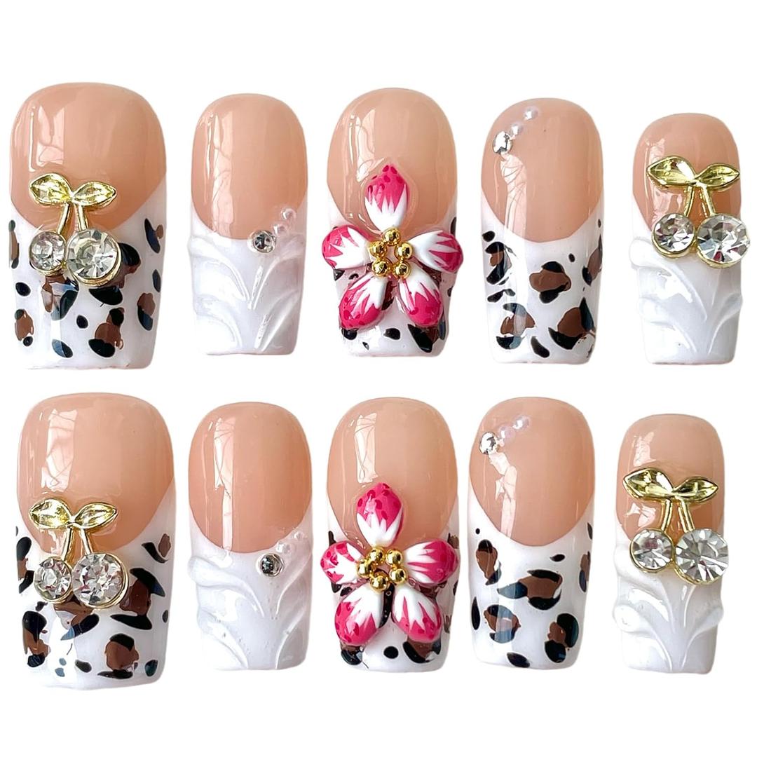 Handmade Press On Nails, 3D Velvet Floral Short/Medium Length Square White French Tips, Leopard Cherry Design, Reusable Acrylic False Nails (Velvet Jungle, M)
