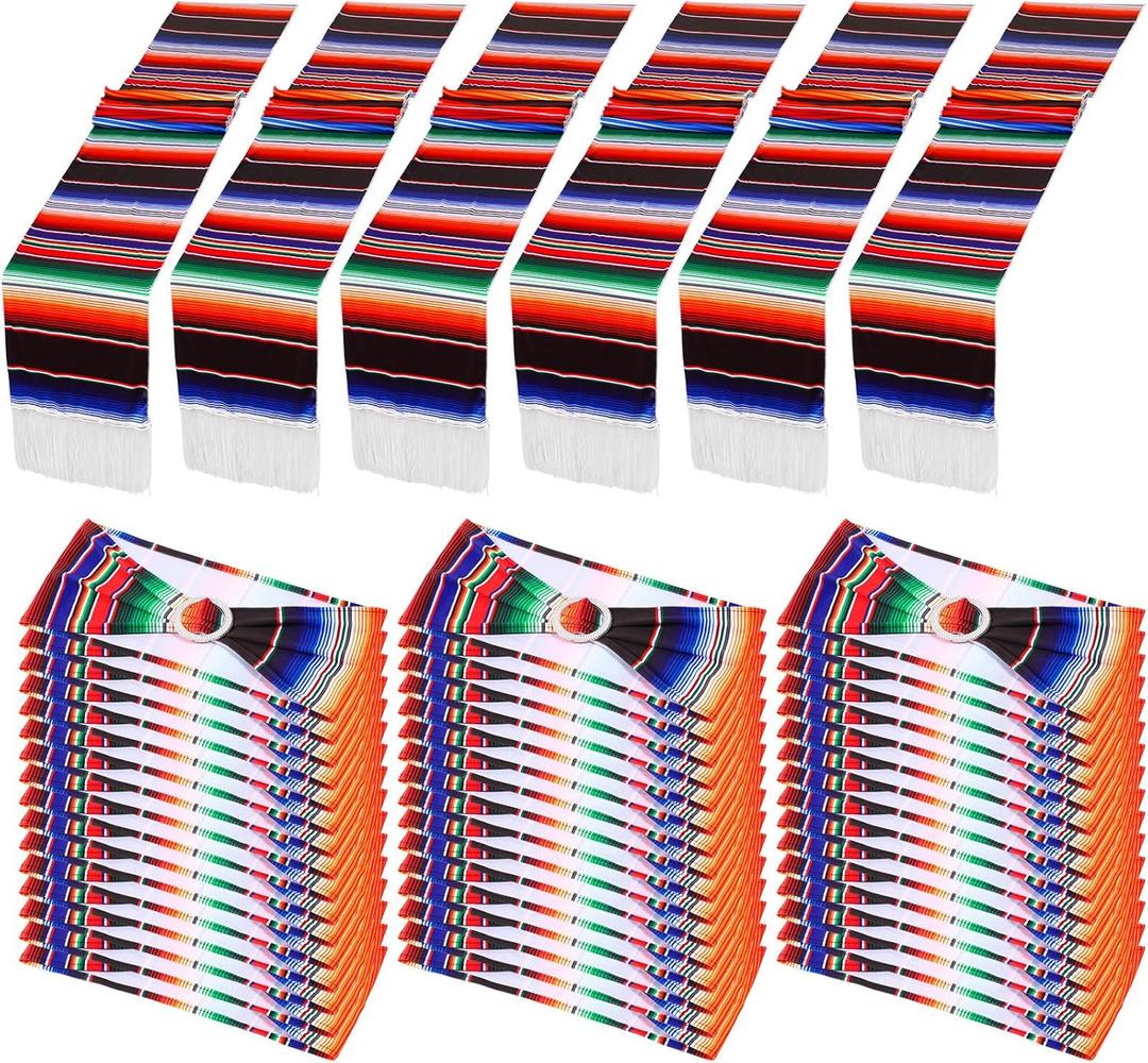 Newwiee 54 Pcs Mexican Stretch Chair Sashes with Table Runners, Cinco De Mayo Chair Bows Sashes Fringe Table Runner for Party Wedding Reception Banquet Decorations (Colorful)