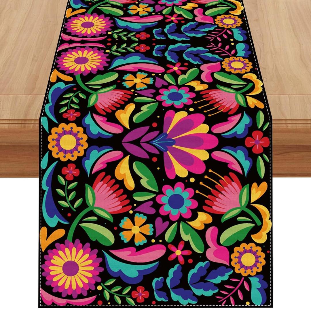 Mexican Fiesta Table Runner Cinco De Mayo Tablecloth Dia De Los Muertos Decor Day of The Dead Decorations and Supplies for Home 13x72 Inch