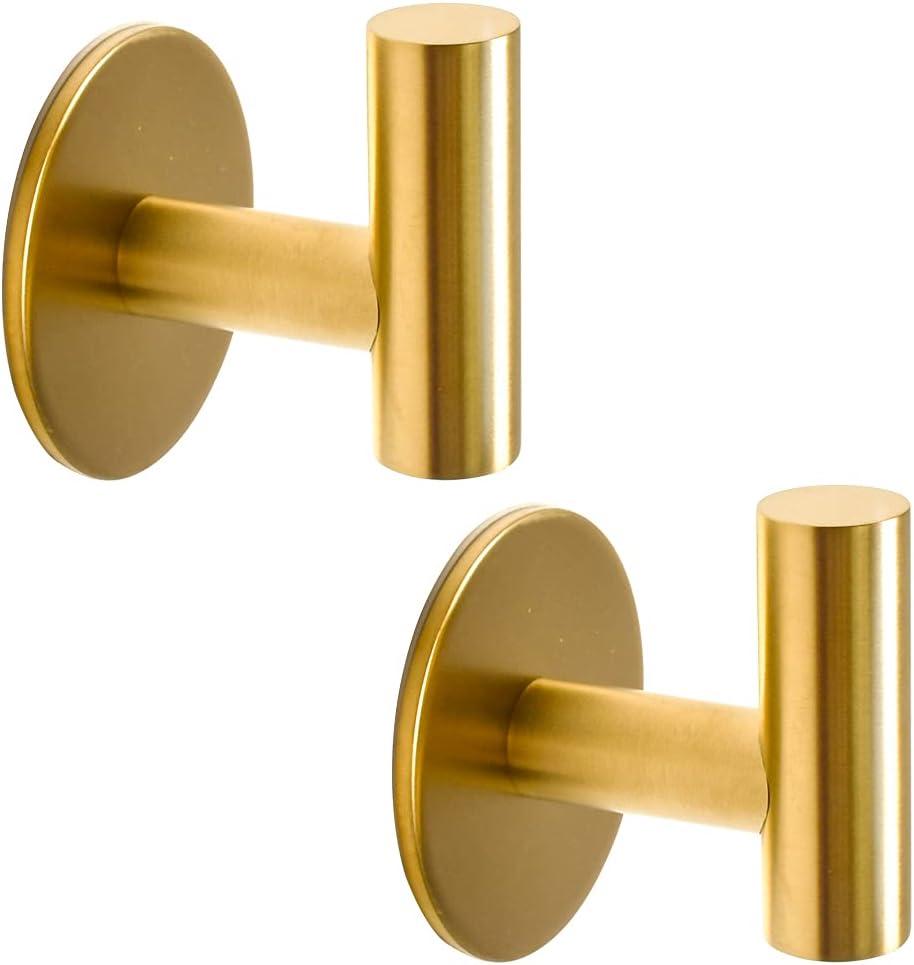 Vuzvuv Adhesive Brushed Gold Hooks, SUS304 Stainless Steel Self-Adhesive Towel Coat Robe Heavy Duty Waterproof Hook for Bathrooms Kitchen Hotel (2-Pack)