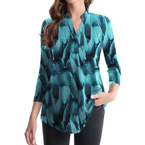 Womens Casual Summer Shirts Notch V Neck Blouses 3/4 Roll Sleeve Tops Tunics XL