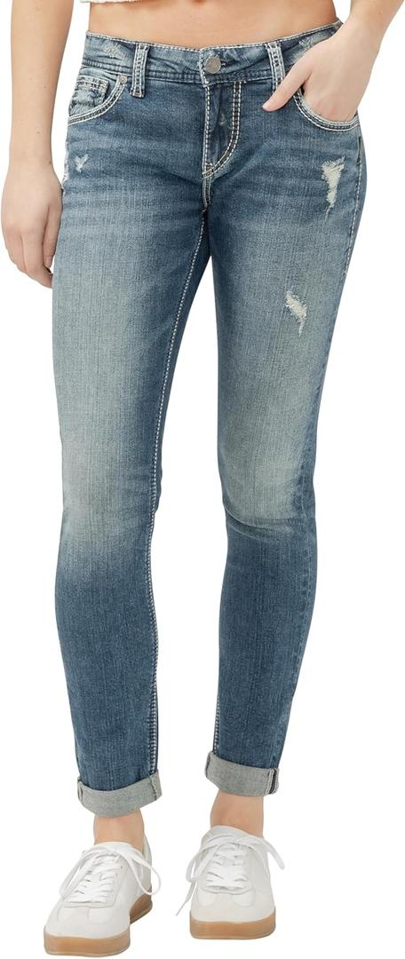 Silver Jeans Co. Girlfriend Mid Rise Skinny Jeans (26W x 29L, Medium Marble Wash)