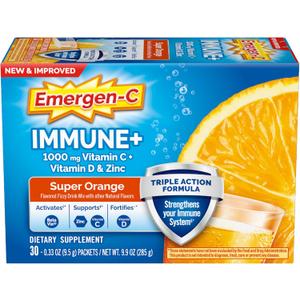 Emergen-C Immune+ Triple Action Immune Support Powder, BetaVia (R), 1000mg Vitamin C, B Vitamins, Vitamin D and Antioxidants, Super Orange, Back to School Essentials  30 Count