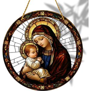 8x8 inch Charming Madonna and Child Acrylic Stained Glass Window Hanging Sun Catcher Decor Stained Panel Hangings Wall Art Decor, for Friends and Family 
