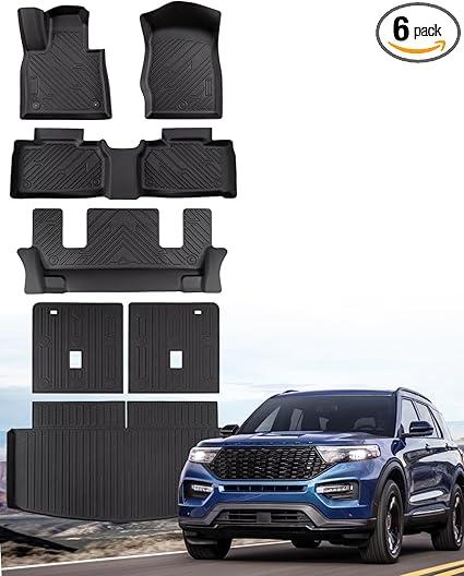 Floor Mats for Ford Explorer: 2025 2024 2023 2022 2021 2020 6 Seats Car Accessories (Non Hybrid), All Weather TPE Rubber Black Custom Fit Cargo Liner & Floor Liners & 3rd Row Back Seat Covers