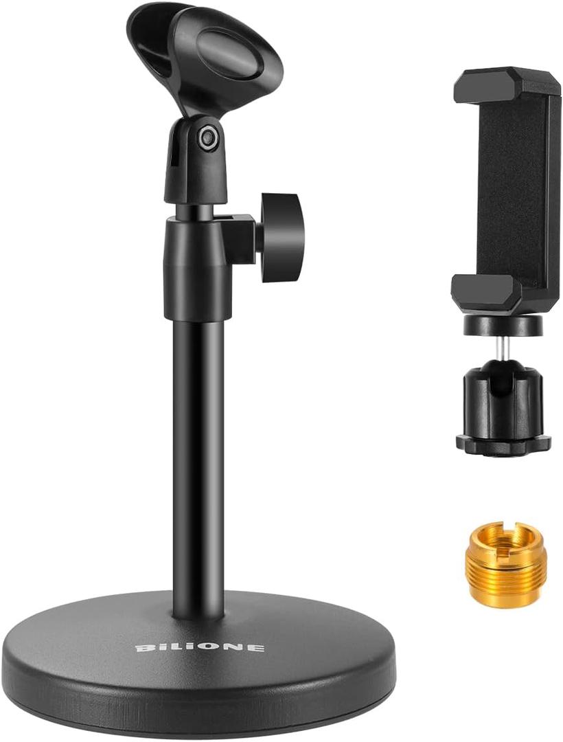 BILIONE 3 in 1 Multi Function Desktop Microphone Stand, Adjustable Table Mic Stand with Microphone Clip, Cell Phone Clip, 5/8" Male to 3/8" Female Metal Adapter (Classic Edition)