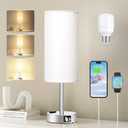 White Touch Bedroom Table Lamp - 3 Way Dimmable Bedside Lamp USB C A Charging Ports and AC Outlet, Small Lamp Nightstand with Silver Base for Living Room, Office Desk, LED Bulb Included