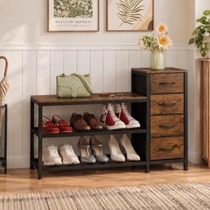 EXOTICA Industrial Shoe Storage Bench with 4 Drawers & Seat, Rustic Brown, Large