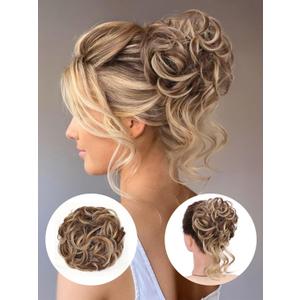 Messy Hair Bun Scrunchies for Women, 2PC Messy Bun Hair Piece Curly Wavy Synthetic Chignon Updo Hairpiece for Daily Wear(12H24:Light Brown mix Natural Blonde)