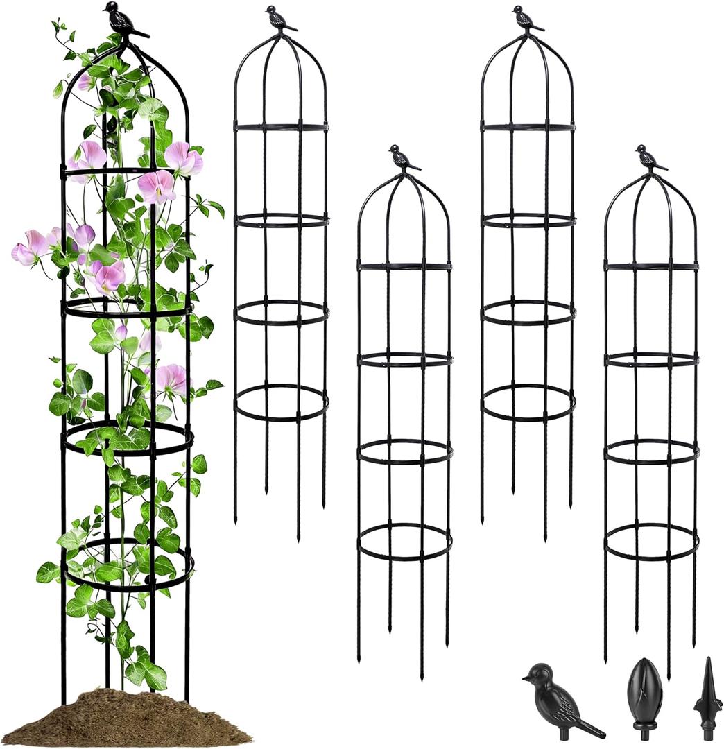 4 Pack Garden Obelisk Trellis for Climbing Plants Outdoor, 6FT Adjustable Metal Plant Support with 3 Decorative Tops, Black Rustproof Trellis for Roses, Tomatoes, Clematis & Vines