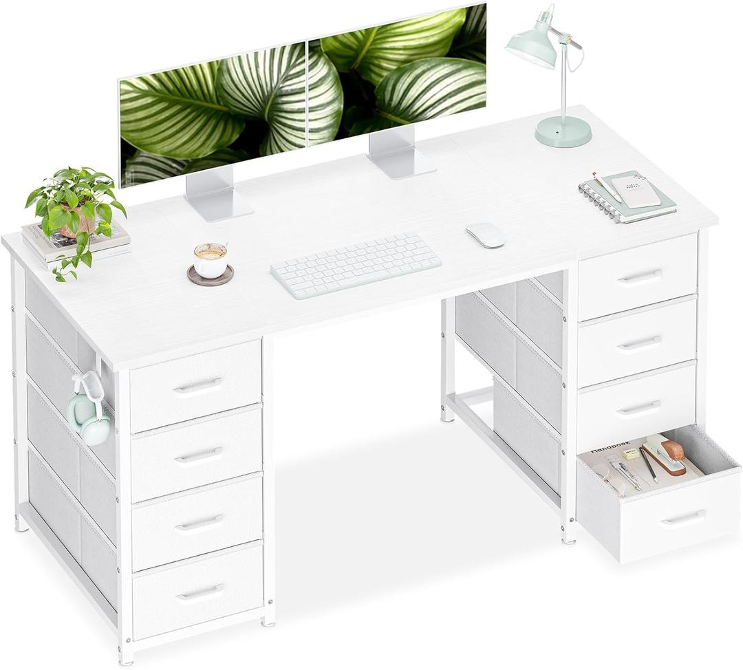 Casaottima 48 Inches Computer Desk with 8 Fabric Drawers, Modern Office Desk with Large Storage for Home Office, Study, White