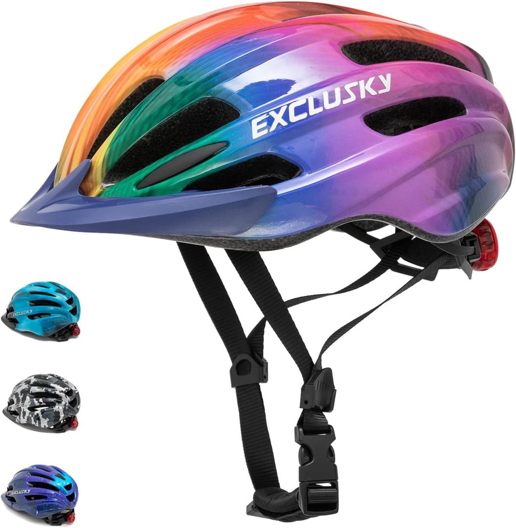 Exclusky Kids Bike Helmet with LED Light  Adjustable Multi-Sport Youth Helmet for Boys & Girls, Ages 5-12, Fits 50-57cm, Cycling Safety Gear (One Size, COLORFUL)