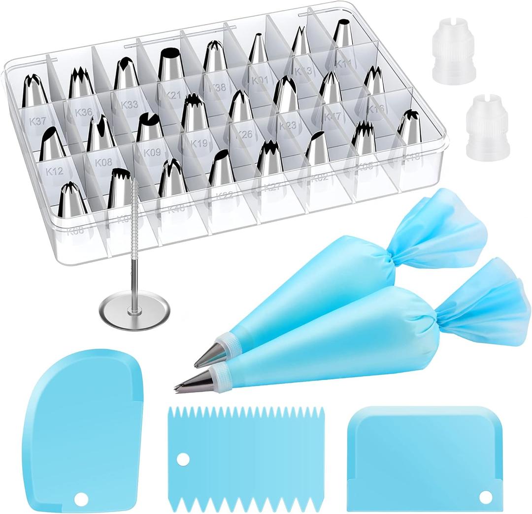 Kootek 32-Piece Piping Bags and Tips Set with 24 Icing Piping Tips, 2 Reusable Pastry Bags 12 Inch, Reusable Piping Icing Bags and Tips, Cake Decorating Kit for Frosting Cookie, Cupcake (Blue)