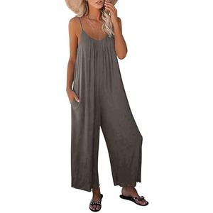 Dokotoo Women's Loose Sleeveless Jumpsuits Adjustable Spaghetti Strap Stretchy Long Pant Romper Jumpsuit with Pockets, XL
