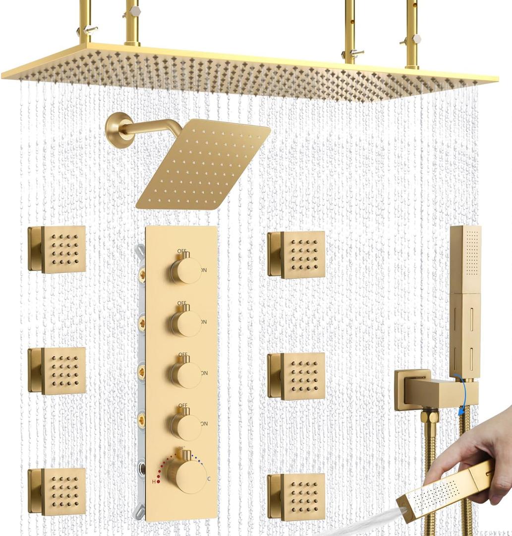 Dual Shower Heads System 16"x32" Ceiling Mount Rainfall and 6" Wall Mounted Shower Heads with 6 body Jets Thermostatic Shower Valve Full Body Shower System Can All Run Together Brushed Gold