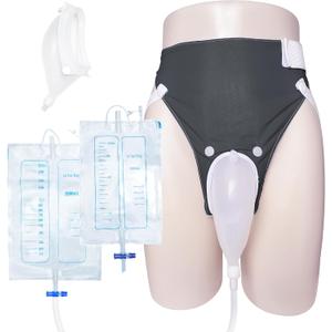 Wearable Urine Collector Set for Men with Breathable Cotton Fixing Pants, Silicone Urine Catching Cup, 1.2M Tube, 2000ml and 1000ml Urinary Bags, Elderly Men Grey