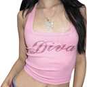 WDIRARA Women's Letter Rhinestone Racerback Crop Tank Top Y2k Square Neck Sleeveless Rib Knit Tops (XX-Large)