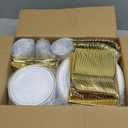 Prestee 600-Piece Disposable Party Dinnerware Set for 100 Guests - Gold Silverware Disposable with Plates, Cups, Knives, Forks, Spoons - Elegant Utensils for Wedding, Reception and Events Supplies
