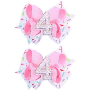 2PCS Hair Bows for Baby Girls Birthday - 4th Birthday Hair Bow Sweet Theme with Ice Cream Party, Pink Hair Accessories for Baby Toddler 1 2 3 4 5 6 Years, Outfit & Decorations