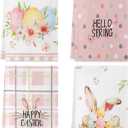 Amandir Easter Bunny Kitchen Towels, Pink Rabbit Ears Eggs Floral Leaves Dish Towels Set of 4, 18x26 Inch Buffalo Plaid Hello Spring Happy Easter Home Tea Bathroom Seasonal Decorations Hand Towels