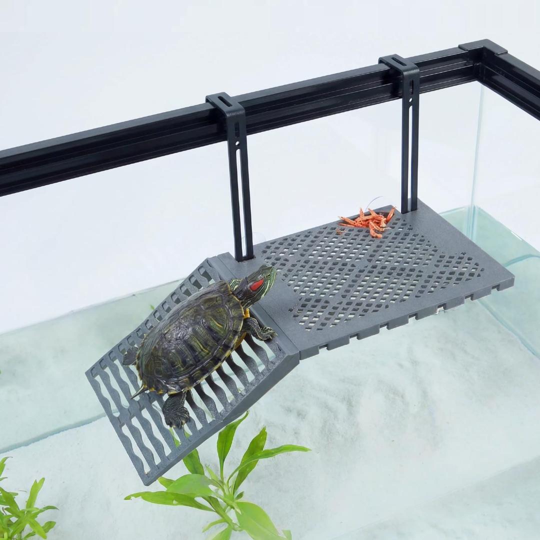 Compact SolidForm Hanging Turtle Basking Platform with Built-in Food Tray, Zero Zip-Tied, Non-Slip Ramp Terrace, Resting Turtles Dock, for 15+ Gallon Aquariums(8in Width+) Turtle Tank Accessories