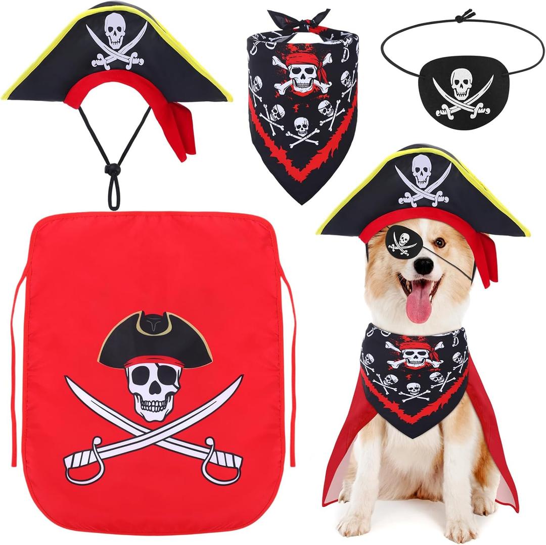 Huhumy 4 Pcs Dog Pirate Costume Set Dog Pirate Hat Pet Skull Triangle Bandana Puppy Cape and Eye Mask for Halloween Outfits Accessories(Red, Large)