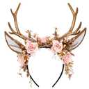 MOSTORY Handmade Gold Flower Antler Headband - Woodland Floral Reindeer Headpiece with Deer Ears Forest Fairy Hairband for Women Girls Renaissance Halloween Cosplay Party Prom Photo Props Pink Rose