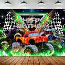 Truck Themed Backdrop 7Wx5H Photography Monster Happy Birthday Party Supplies Jam Burning Flame Car Grave Digger Boys Kids Background Cool Unique Party Decorations Banner Photo Booth Props