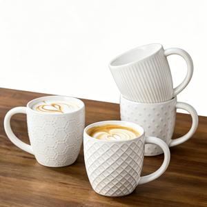 Pyrilo 14oz Embossed Ceramic Coffee Cups - Set of 4, Lead-Free Microwave & Dishwasher Safe Coffee Mugs for Home Office Café Tea Cocoa