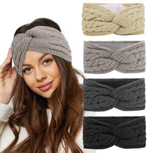 3 x CAVETEE Winter Headbands for Women2 Pack Thickened Coral Fleece Lined Crochet Knit Non-Slip Windproof Knit Headbands for Women (Black&Dark Blue)