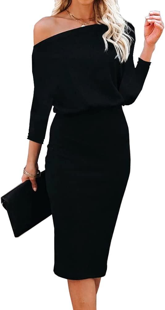 Ezbelle Women's Off The Shoulder 3/4 Sleeve Batwing HIPS-Wrap Pencil Party Sexy Bodycon Midi Dress (Large, Black)