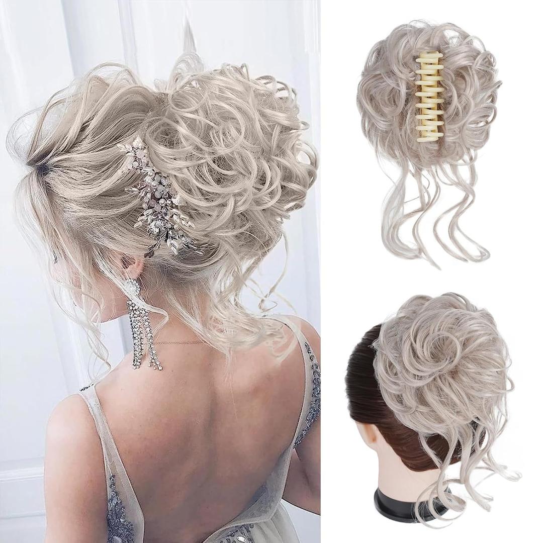 Messy Bun Hair Piece for Women - Wavy Curly Fake Hair Bun Extension, Tousled Updo Clip in Ponytail Extension, Natural Synthetic Hairpiece with Party Daily Wedding Beige Silver