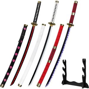 LoGest Zoro Replica Sword - Exact Replica from The Anime - Use for Arts Role Play Cosplay or Dcor with Belt and Stand (3 Piece Set Shusui-wado Ichimonji-kitetsu - Red White Black)