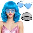 PLULON Blue Short Wavy Bob Wig Heart Sunglasses for Women, Neon Bob Funny Party Curly Wigs with Bangs Synthetic Hair Daily Hairpieces for Birthday Music Festival Stage Cosplay Costume Party Outfit