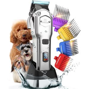 oneisall Pet Clippers for Grooming Professional,Cordless/Rechargeable Dog Grooming Kit with Detachable Metal Combs, Low Noise Heavy-Duty Dog Clippers for Thick/Curly/Fine/Wavy Hair (Sliver)
